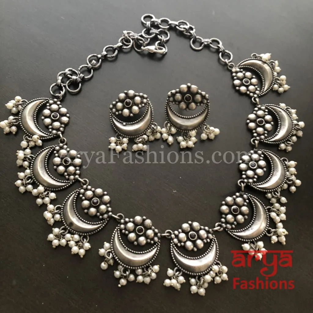 Enamel Oxidized Silver Necklace with Pearl Beads/Kolhapuri Necklace