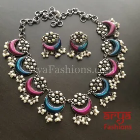 Enamel Oxidized Silver Necklace with Pearl Beads/Kolhapuri Necklace