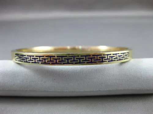 ESTATE 14KT YELLOW GOLD BLUE ENAMEL 3D GREEK KEY DESIGN 5mm BANGLE BRACELET