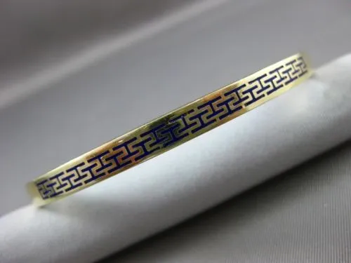 ESTATE 14KT YELLOW GOLD BLUE ENAMEL 3D GREEK KEY DESIGN 5mm BANGLE BRACELET