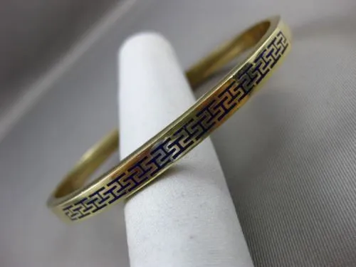 ESTATE 14KT YELLOW GOLD BLUE ENAMEL 3D GREEK KEY DESIGN 5mm BANGLE BRACELET