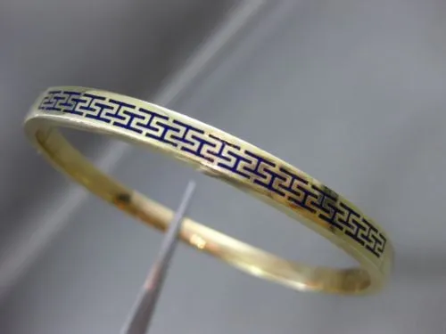 ESTATE 14KT YELLOW GOLD BLUE ENAMEL 3D GREEK KEY DESIGN 5mm BANGLE BRACELET