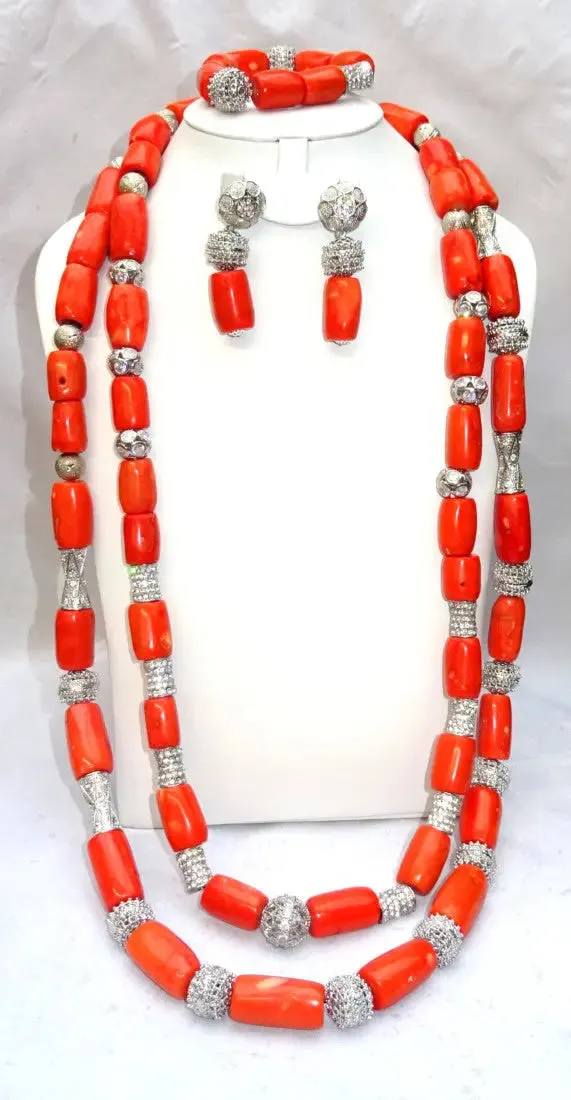 Extra Long Traditional Real Genuine Coral with Blings African Nigerian Wedding Party Beads Jewellery Set