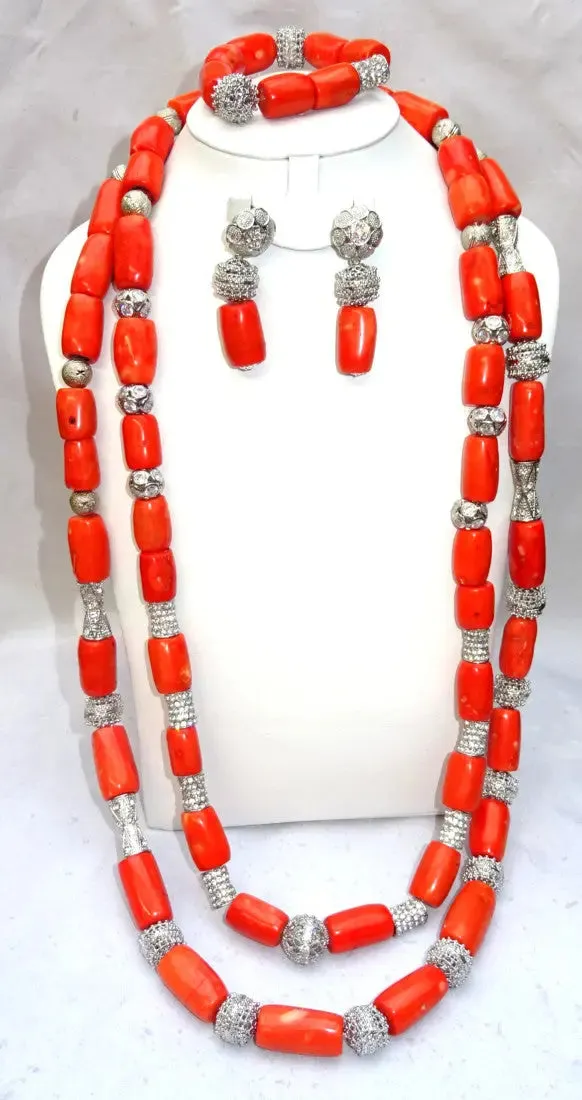 Extra Long Traditional Real Genuine Coral with Blings African Nigerian Wedding Party Beads Jewellery Set