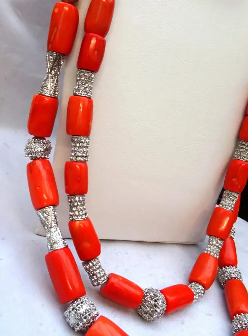 Extra Long Traditional Real Genuine Coral with Blings African Nigerian Wedding Party Beads Jewellery Set