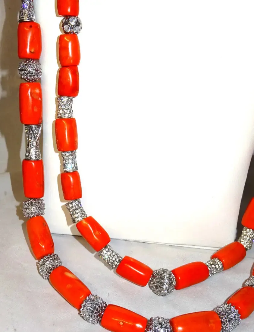 Extra Long Traditional Real Genuine Coral with Blings African Nigerian Wedding Party Beads Jewellery Set