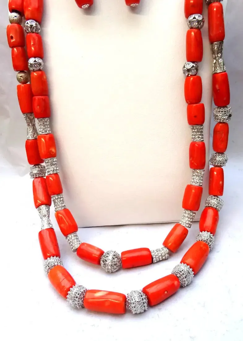 Extra Long Traditional Real Genuine Coral with Blings African Nigerian Wedding Party Beads Jewellery Set