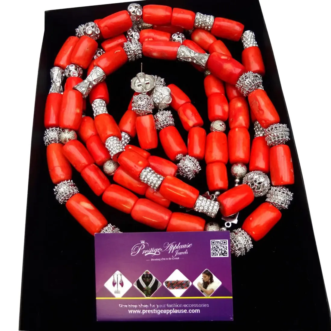 Extra Long Traditional Real Genuine Coral with Blings African Nigerian Wedding Party Beads Jewellery Set