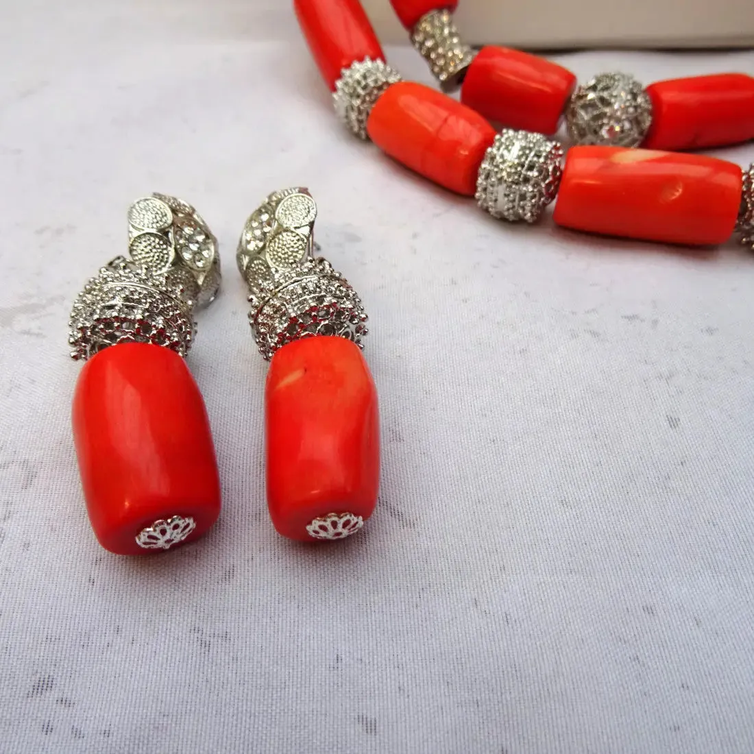 Extra Long Traditional Real Genuine Coral with Blings African Nigerian Wedding Party Beads Jewellery Set