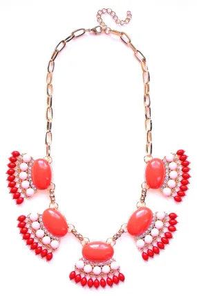 Fan Fringe Statement Necklace- Coral & Pink