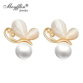 Fashion Gold Opal Earrings for Women 2017 Simulated Pearl Jewelry Butterfly Stud Boucle d'oreille Christmas Gifts Brincos