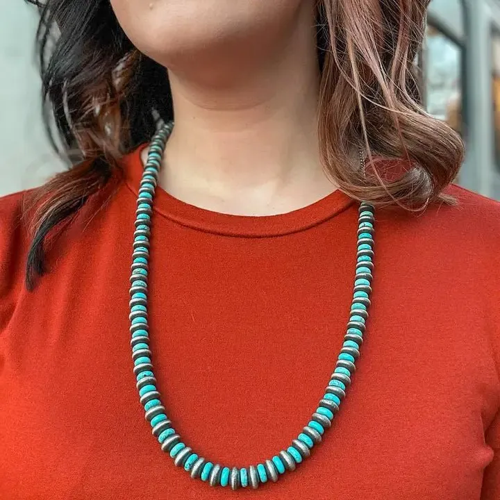 Faux Silver and Turquoise Beaded Disc Necklace