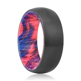 FORCE | Blue & Red Wood, Black Tungsten Ring, Brushed, Domed