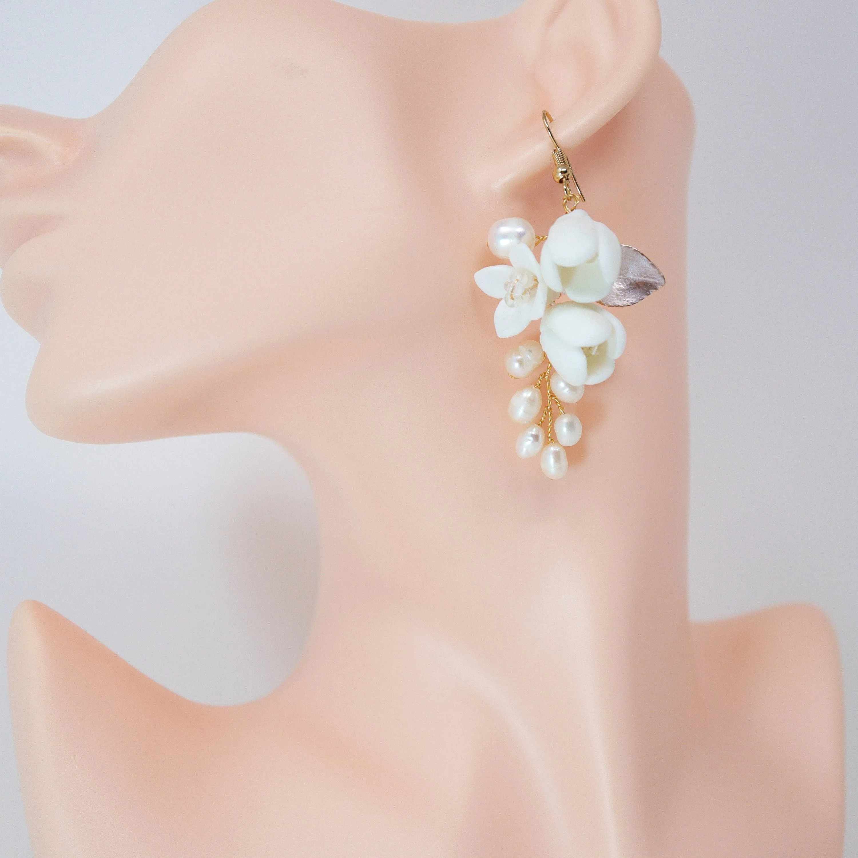 Freshwater Cultured Pearl Ceramic White Flower Dangle Earrings, Long Bridal Jewelry Opal Bridal Earrings Opal Statement Earrings