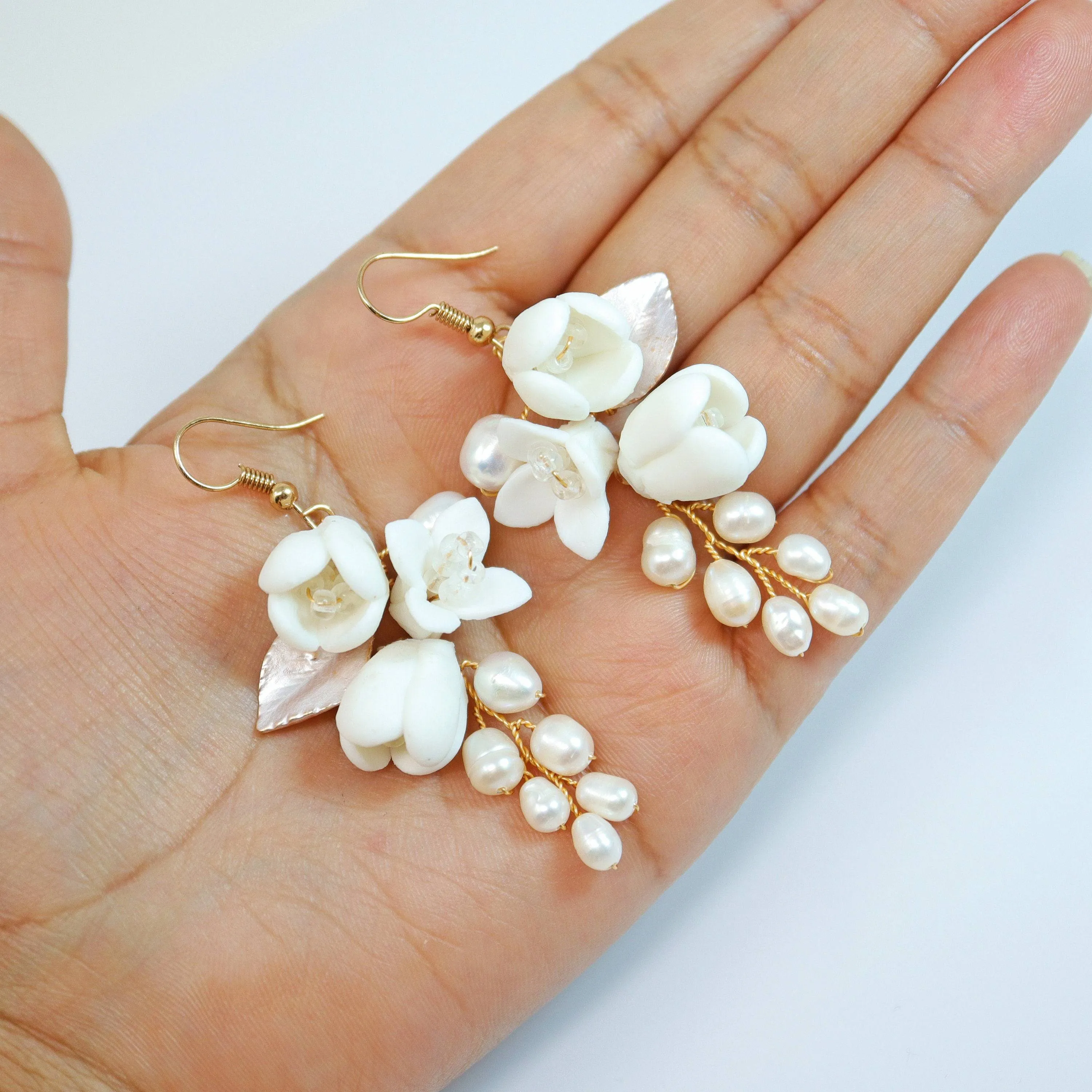 Freshwater Cultured Pearl Ceramic White Flower Dangle Earrings, Long Bridal Jewelry Opal Bridal Earrings Opal Statement Earrings