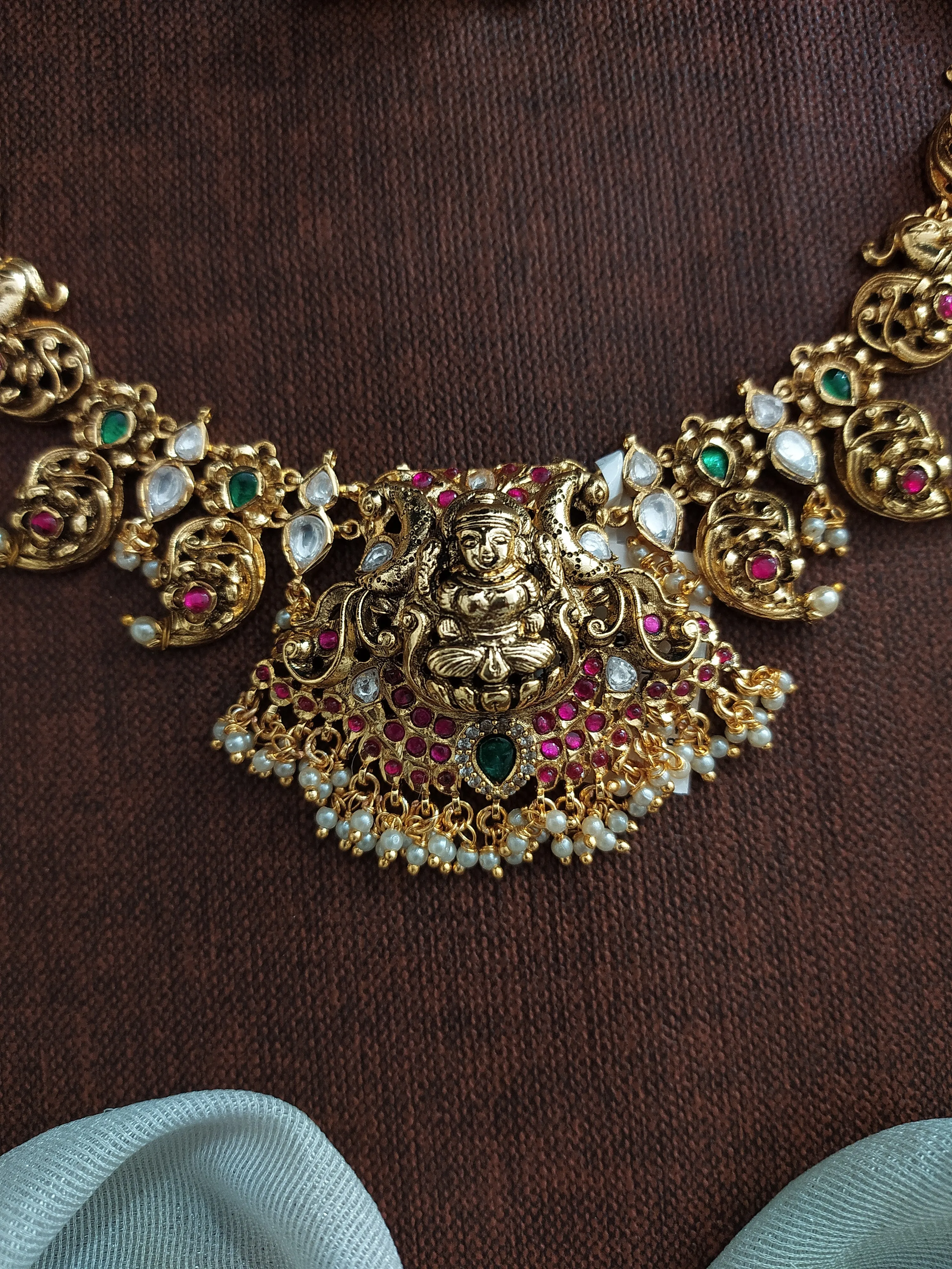 Fusion Traditional Antique Lakshmi-Mango Necklace Set with Moissanite & Kundan Stones