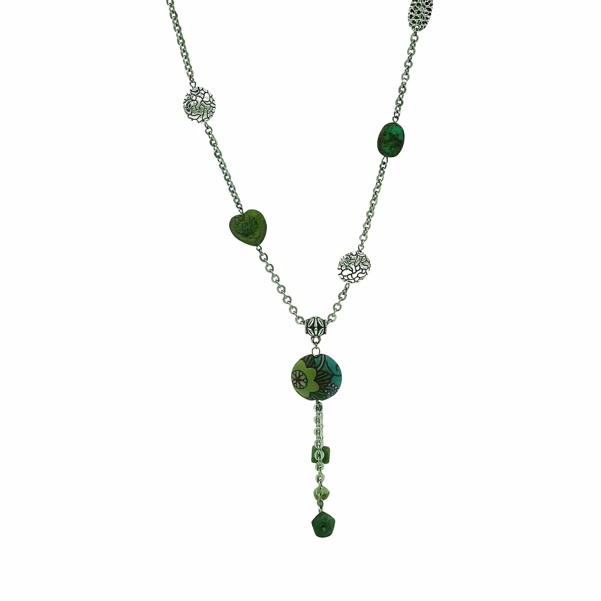 Golem Round Pendant Necklace with Teal and Green and Silver Beads