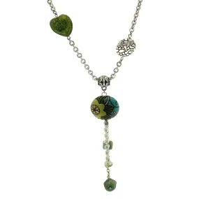 Golem Round Pendant Necklace with Teal and Green and Silver Beads