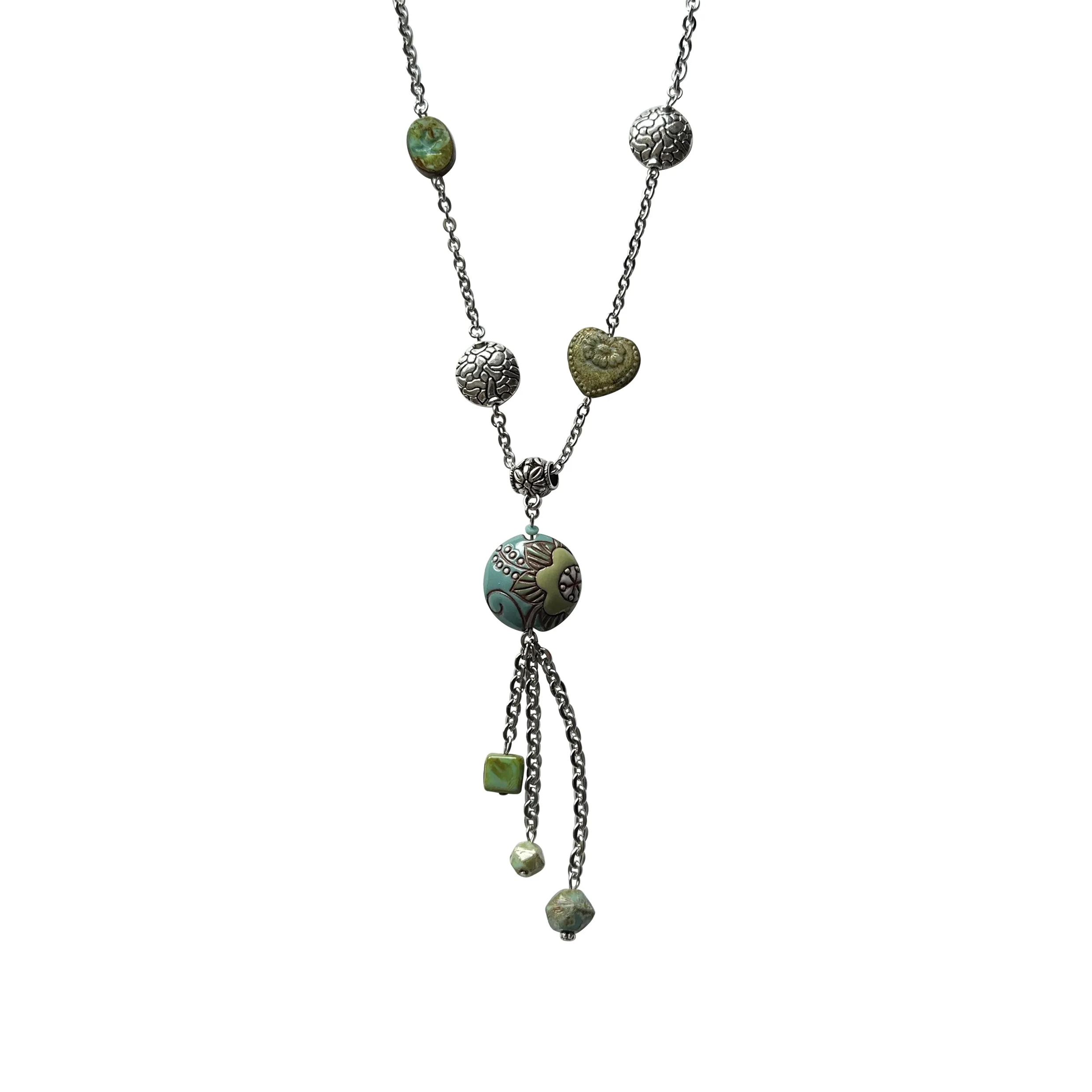 Golem Round Pendant Necklace with Teal and Green and Silver Beads