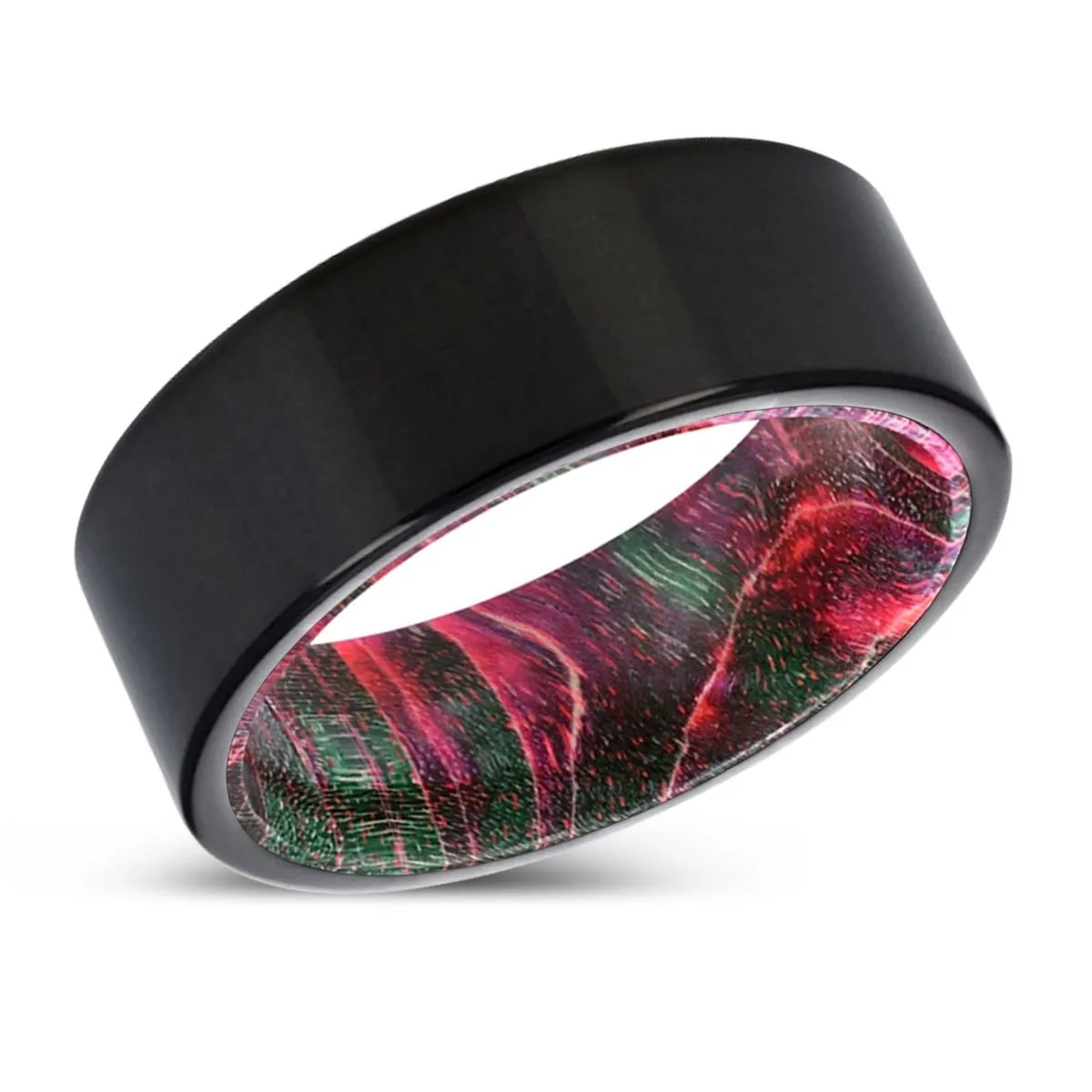 GOOSEBERRY | Green & Red Wood, Black Tungsten Ring, Shiny, Flat