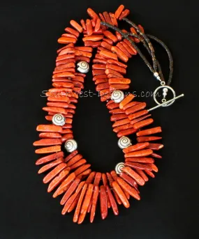 Graduated Coral Spike 2-Strand Necklace with Sterling Silver Coiled Shell Beads, Olive & Tortoise Shell Heishi, Swarovski Crystal and Sterling Silver Toggle Clasp