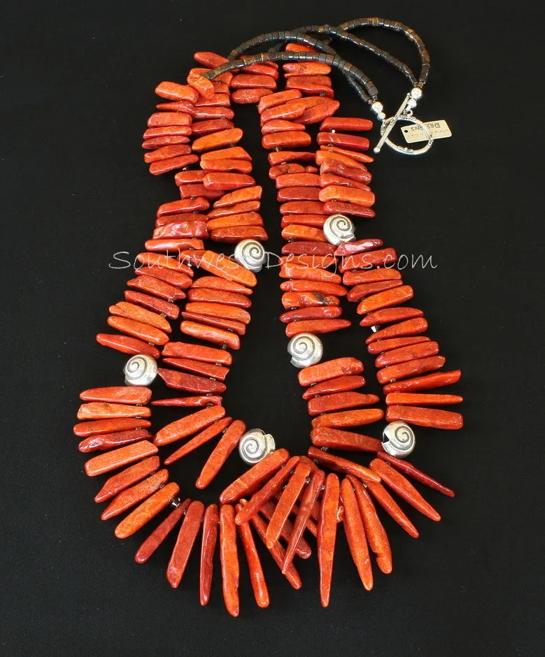 Graduated Coral Spike 2-Strand Necklace with Sterling Silver Coiled Shell Beads, Olive & Tortoise Shell Heishi, Swarovski Crystal and Sterling Silver Toggle Clasp