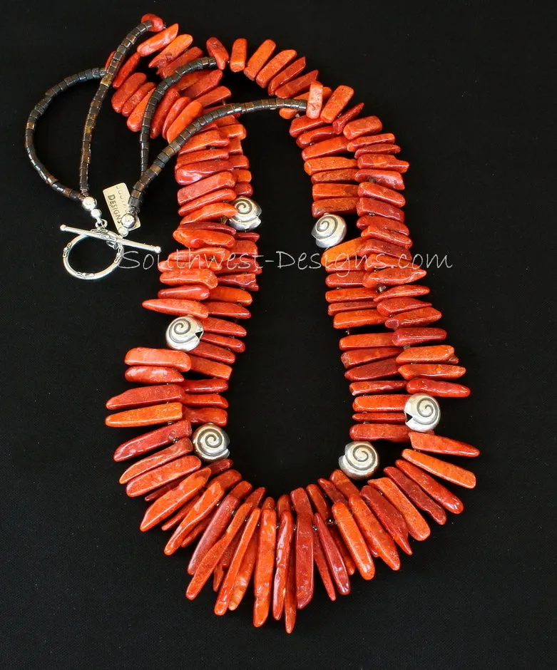 Graduated Coral Spike 2-Strand Necklace with Sterling Silver Coiled Shell Beads, Olive & Tortoise Shell Heishi, Swarovski Crystal and Sterling Silver Toggle Clasp