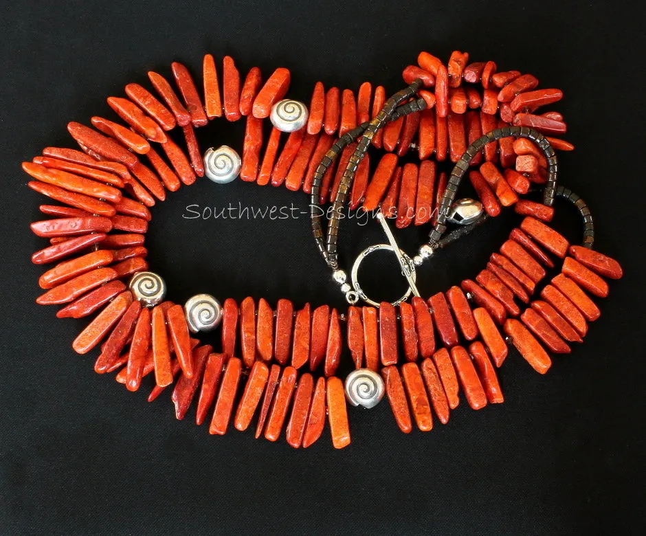 Graduated Coral Spike 2-Strand Necklace with Sterling Silver Coiled Shell Beads, Olive & Tortoise Shell Heishi, Swarovski Crystal and Sterling Silver Toggle Clasp