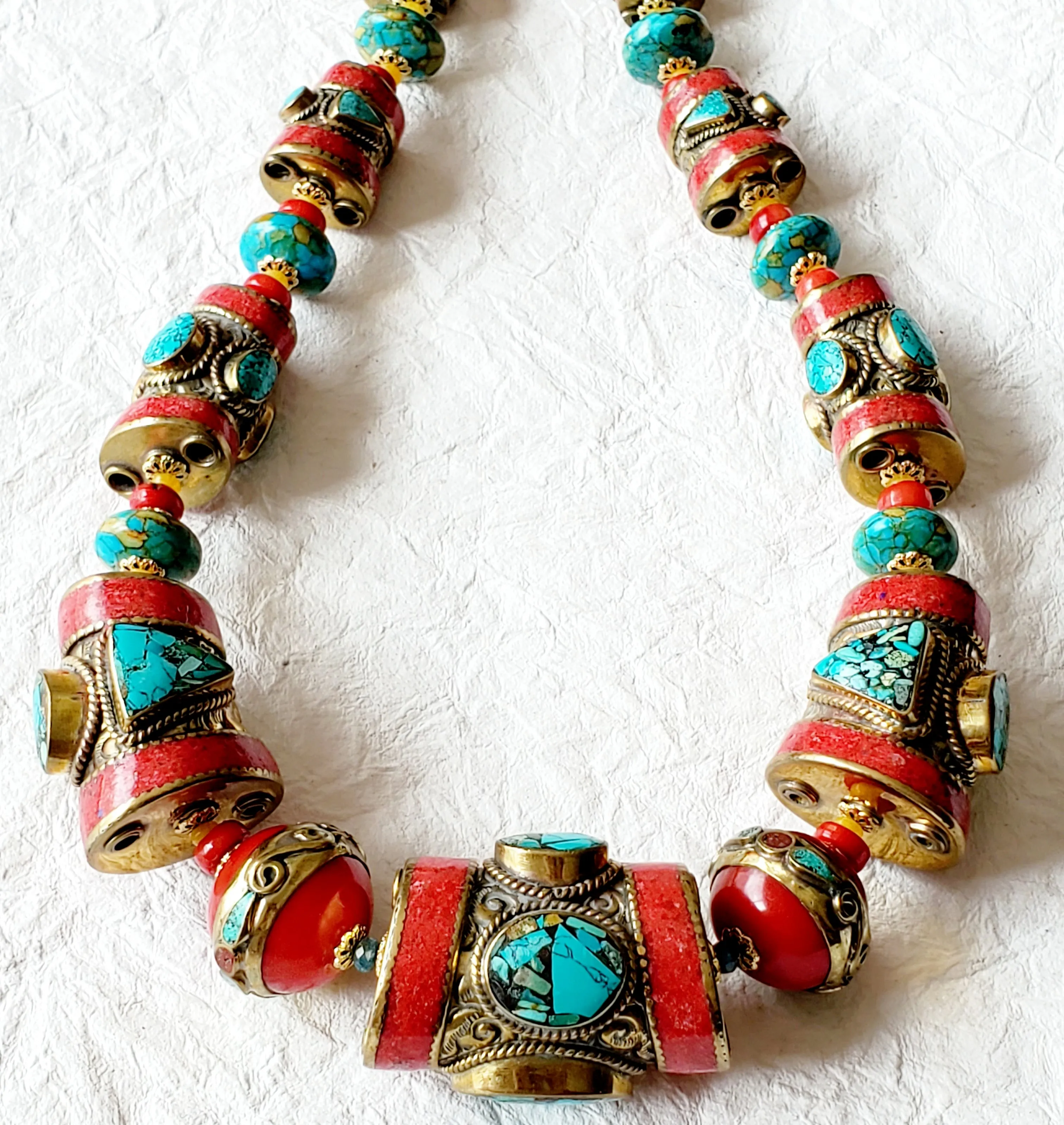 Graduated Solid Brass Coral & Turquoise Inlaid Nepalese Bold Statement Necklace, NRR15302 Tru Deity