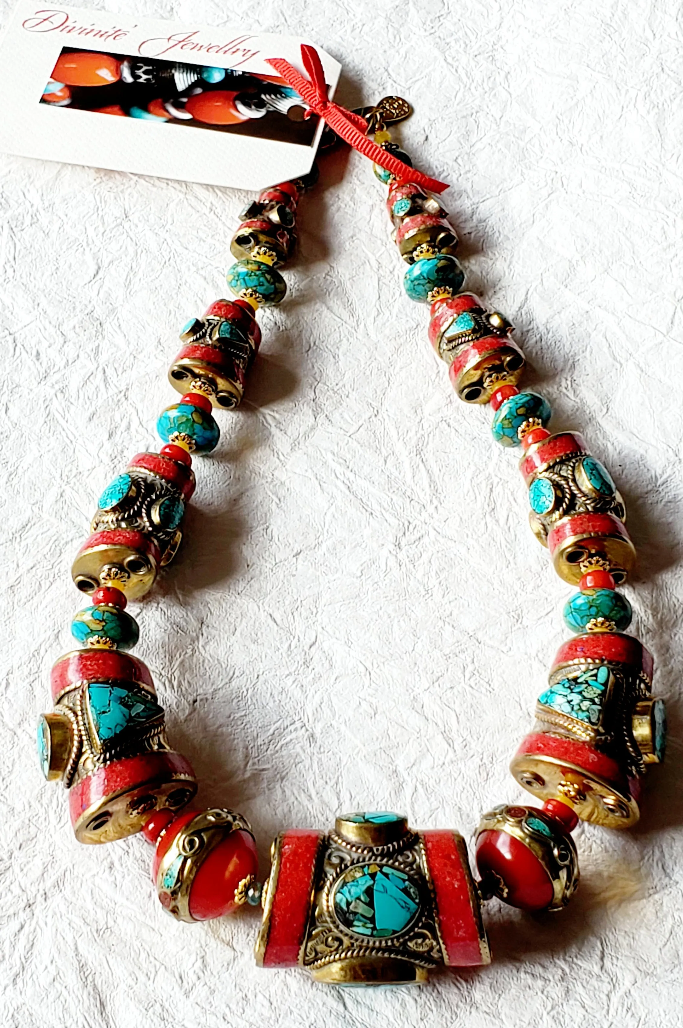 Graduated Solid Brass Coral & Turquoise Inlaid Nepalese Bold Statement Necklace, NRR15302 Tru Deity