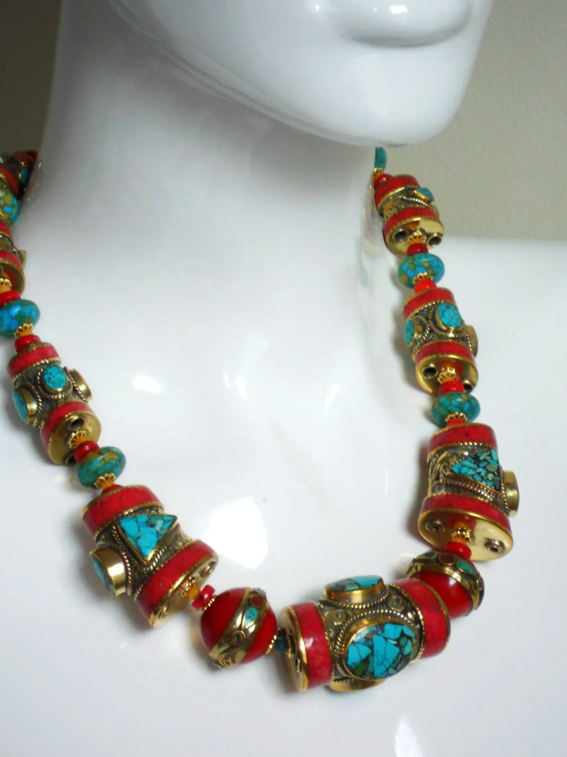 Graduated Solid Brass Coral & Turquoise Inlaid Nepalese Bold Statement Necklace, NRR15302 Tru Deity