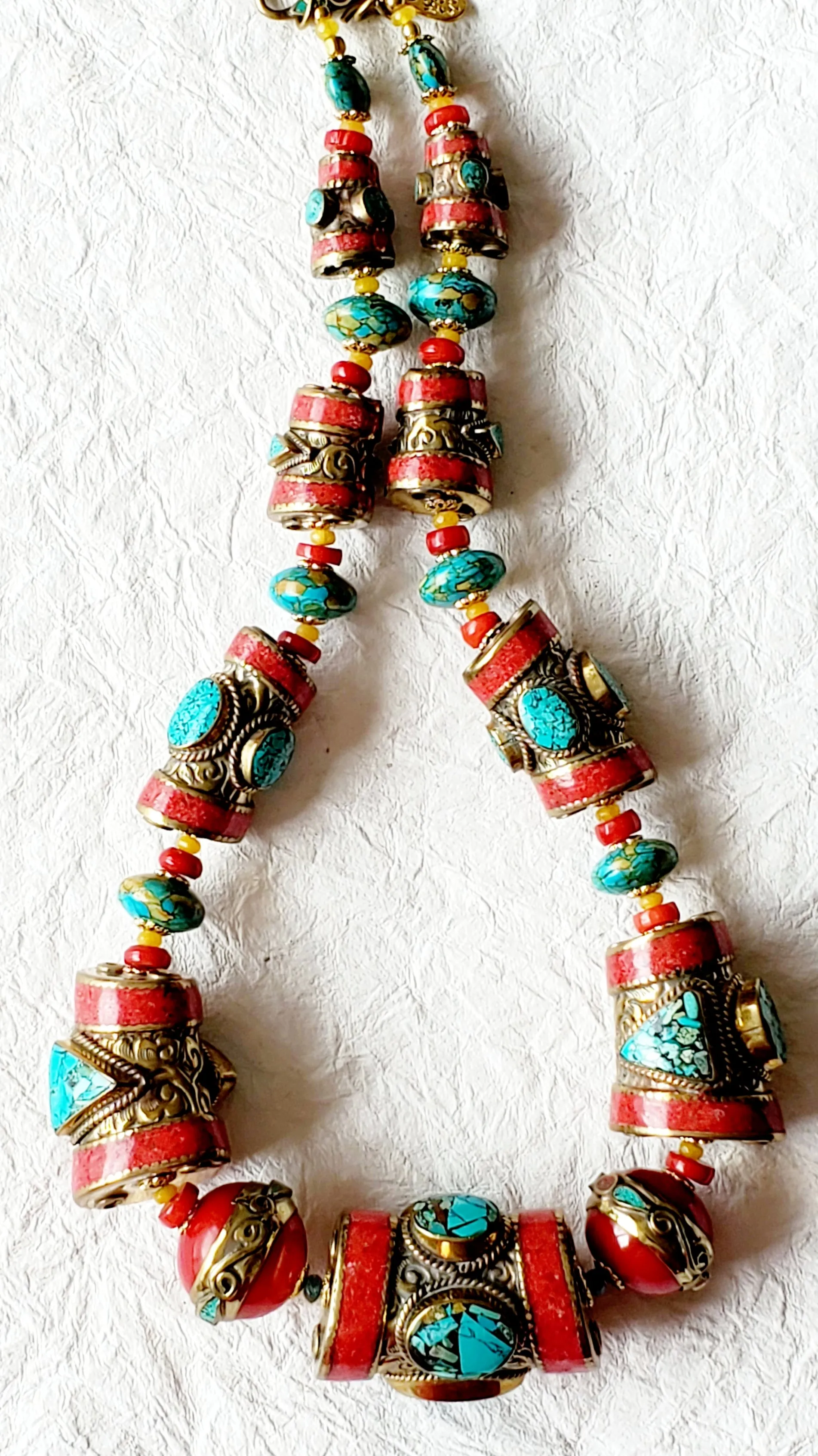 Graduated Solid Brass Coral & Turquoise Inlaid Nepalese Bold Statement Necklace, NRR15302 Tru Deity