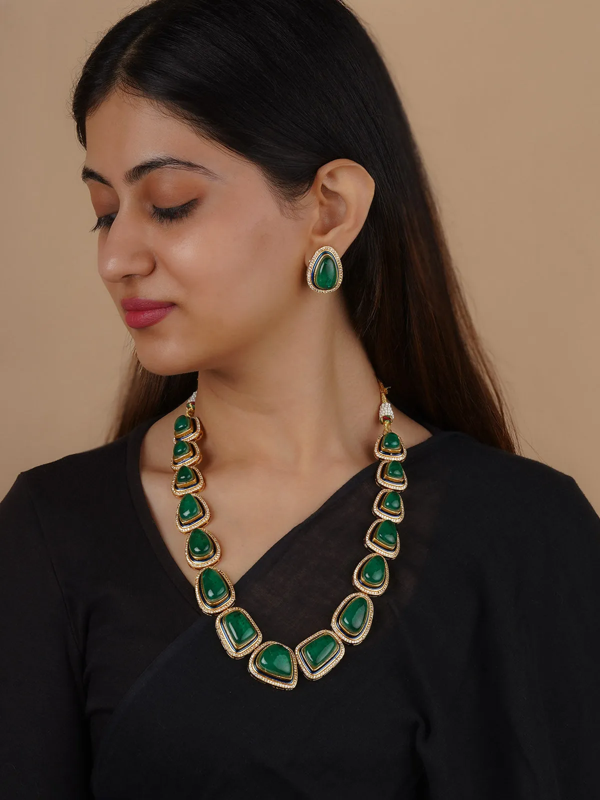 Green Color Gold Plated Faux Diamond Necklace Set - CZSET350GR