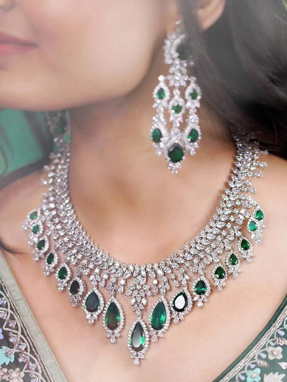 Green Color Silver Plated Faux Diamond Bridal Necklace Set - CZSET5GRA