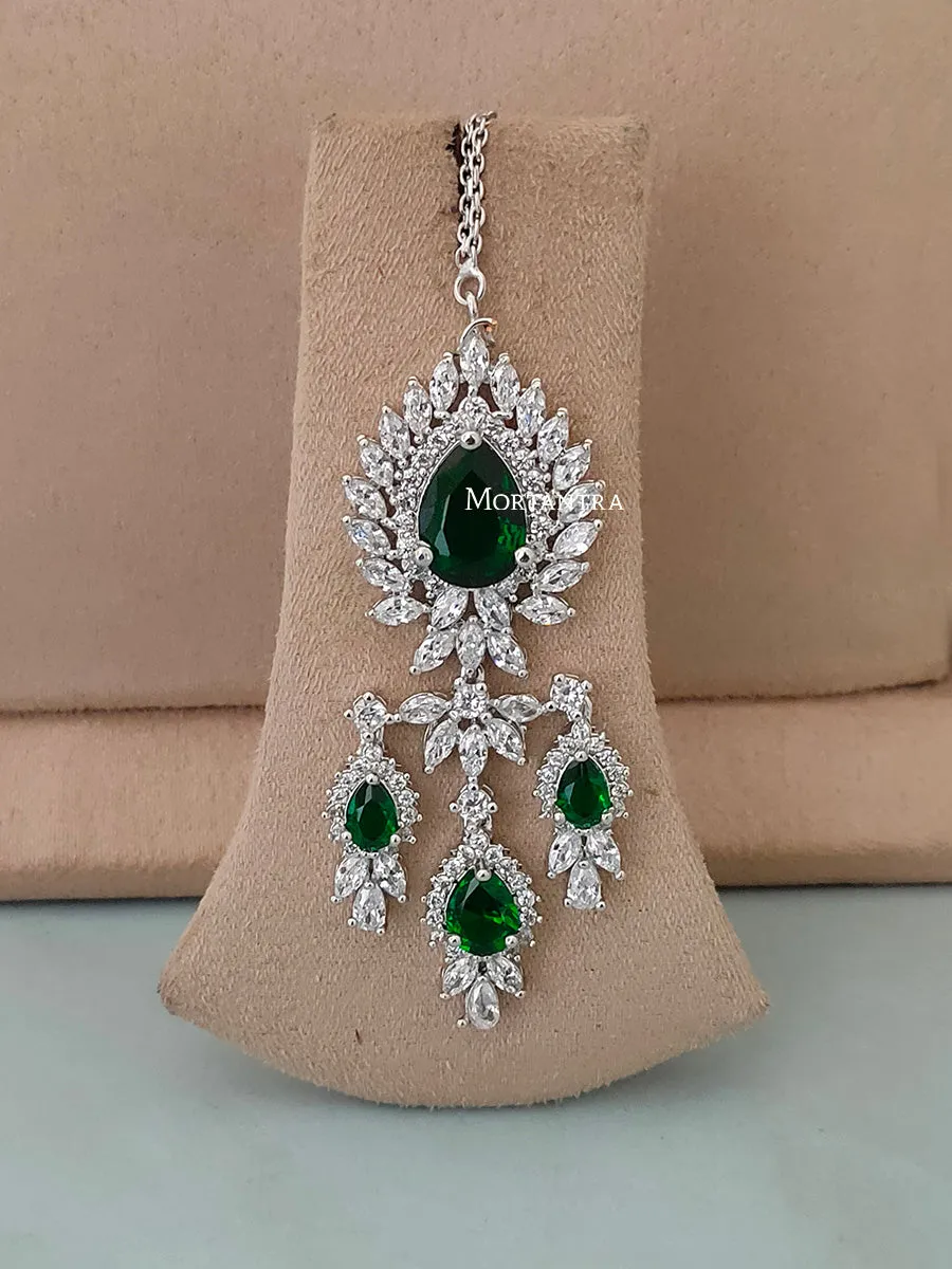 Green Color Silver Plated Faux Diamond Bridal Necklace Set - CZSET5GRA