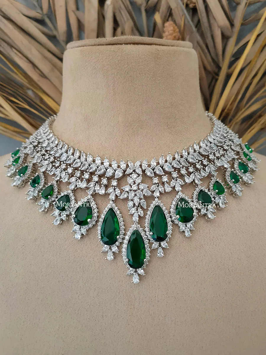 Green Color Silver Plated Faux Diamond Bridal Necklace Set - CZSET5GRA