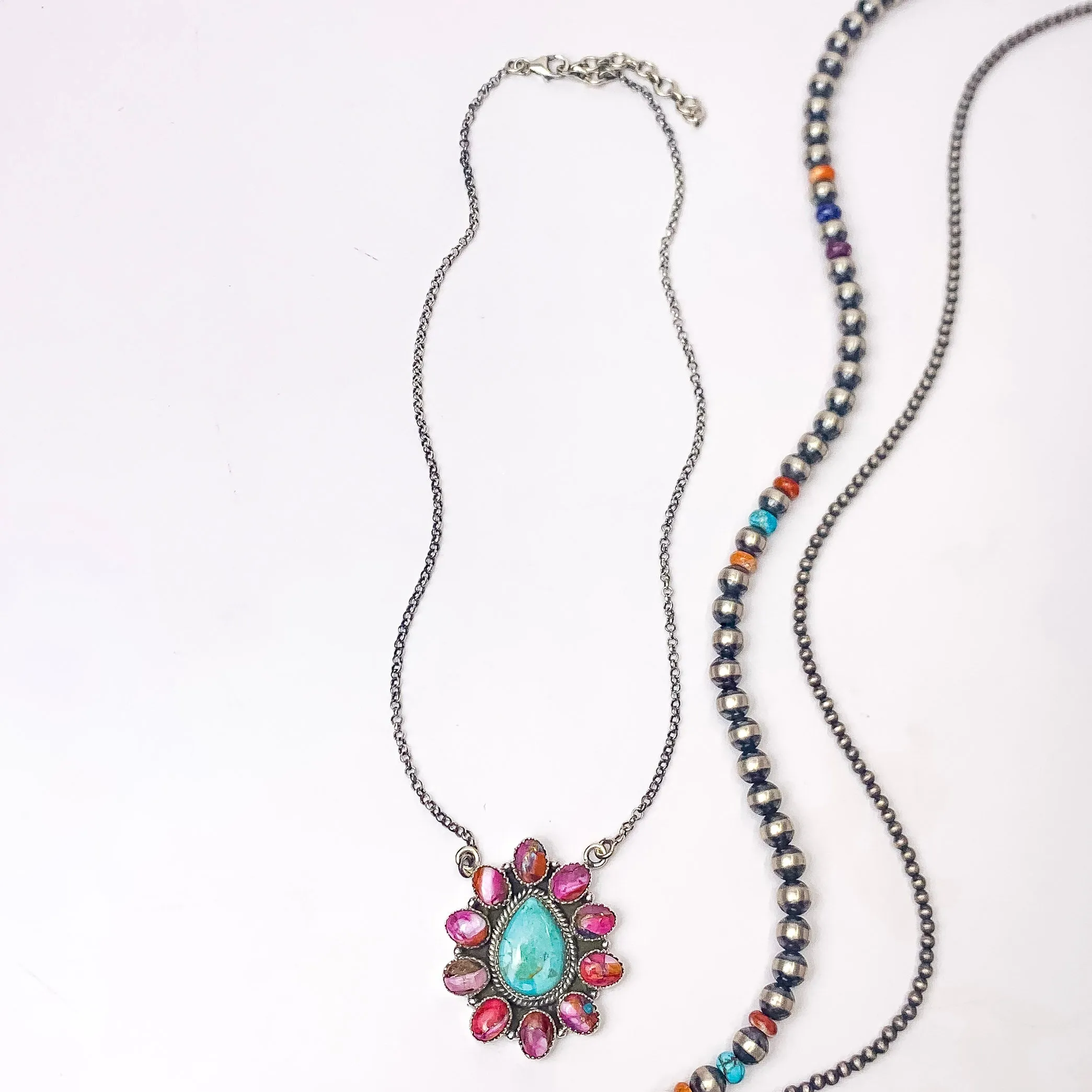 Hada Collection | Handmade Sterling Silver Necklace with Turquoise Teardrop Center and Remix Outline