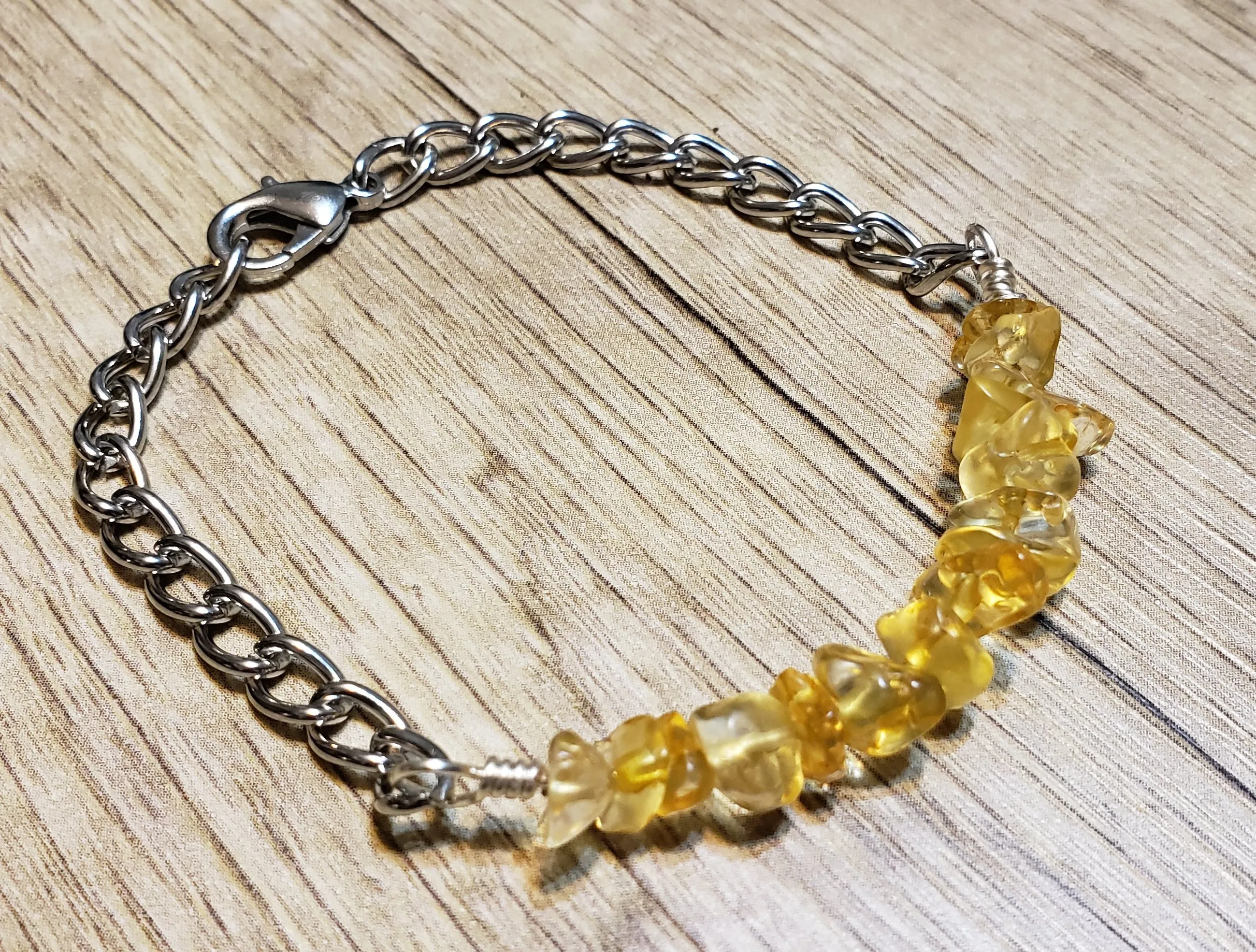 Hand Crafted All Natural Golden Quartz Gemstone & Chain Adjustable to 8" Bracelet with Lobster Claw Clasp