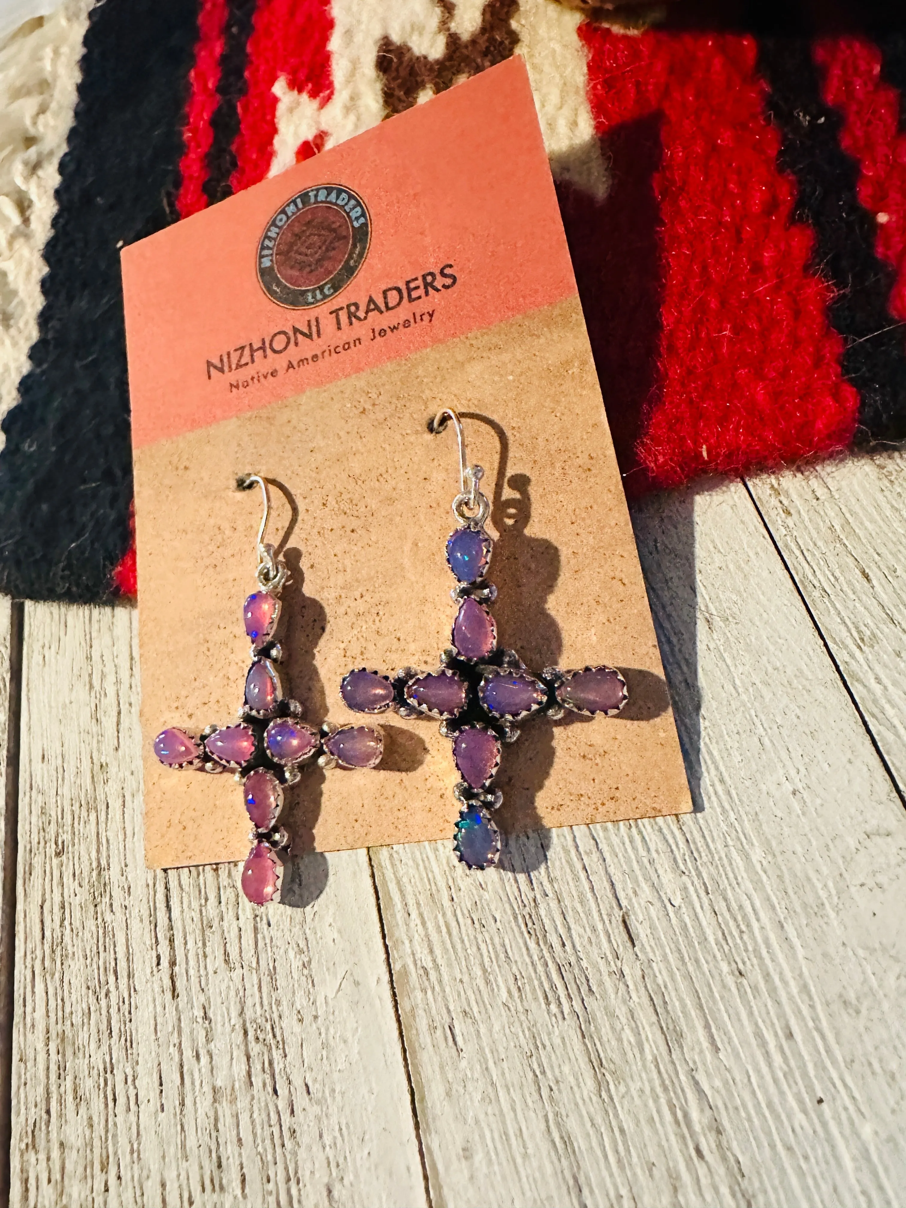 Handmade Opal & Sterling Silver Cross Dangle Earrings Signed Nizhoni