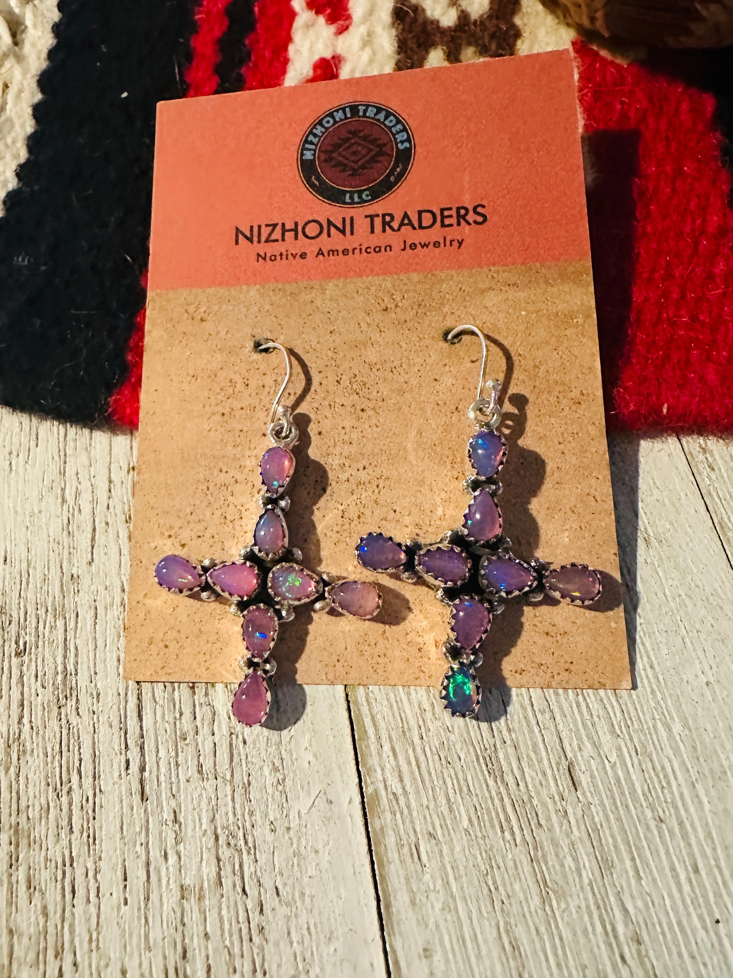 Handmade Opal & Sterling Silver Cross Dangle Earrings Signed Nizhoni