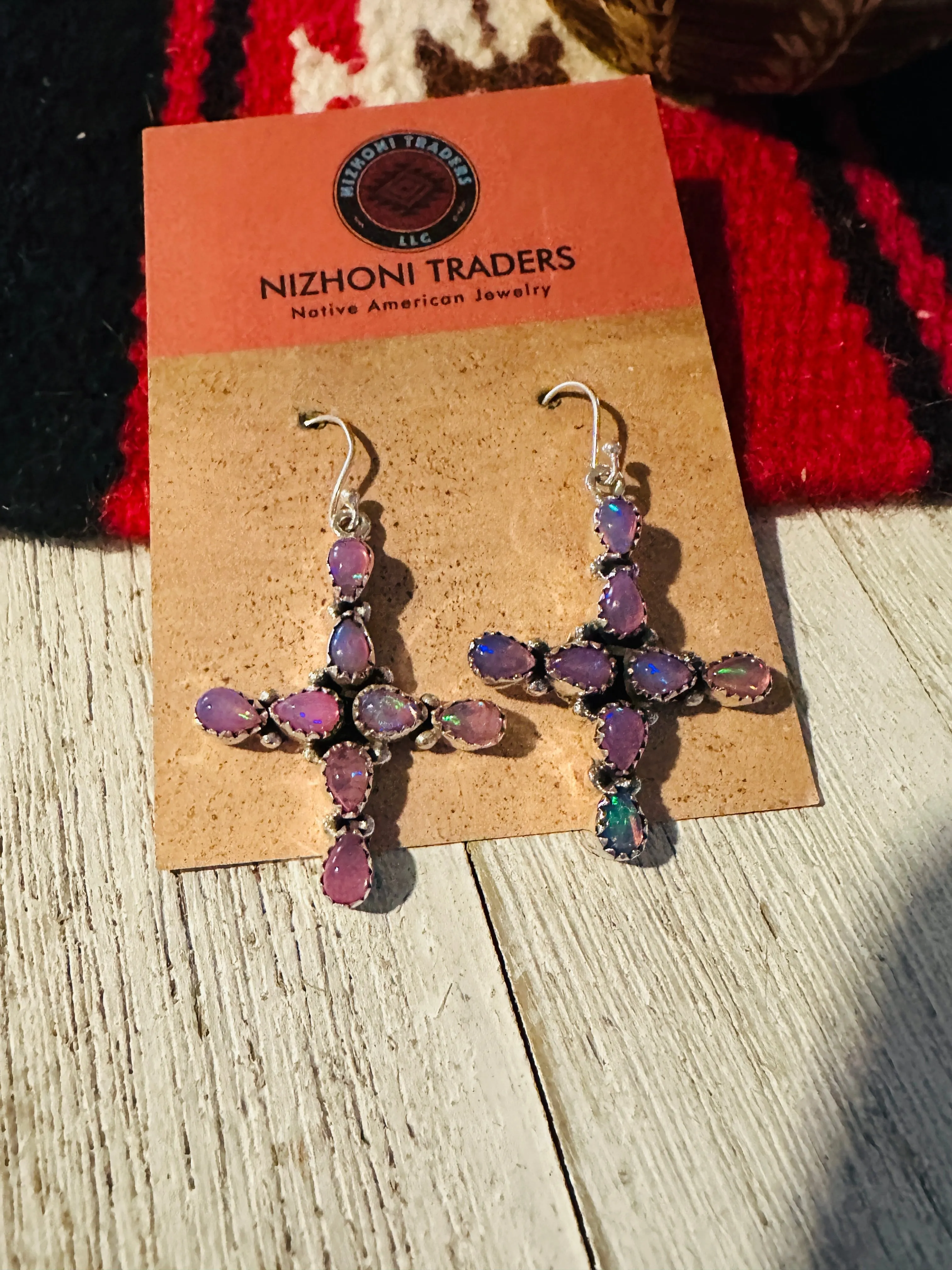 Handmade Opal & Sterling Silver Cross Dangle Earrings Signed Nizhoni