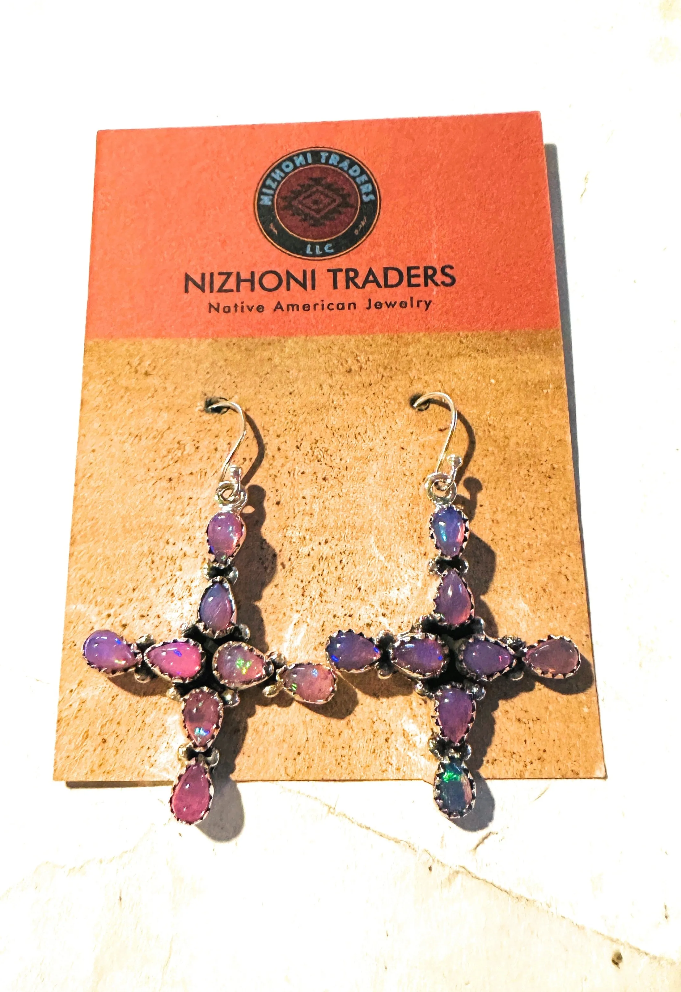 Handmade Opal & Sterling Silver Cross Dangle Earrings Signed Nizhoni