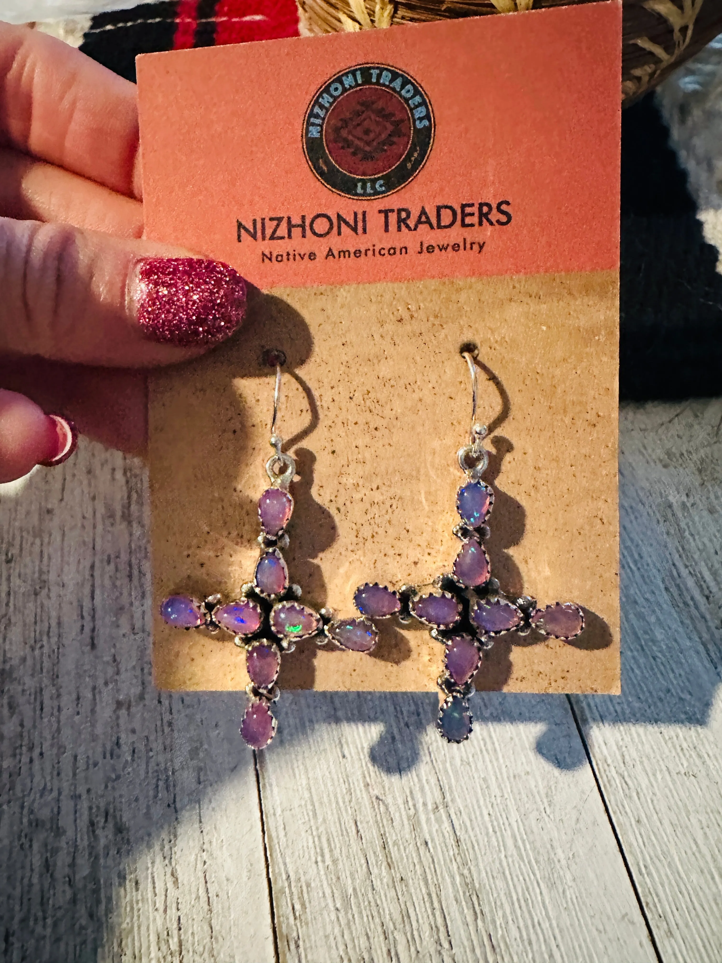 Handmade Opal & Sterling Silver Cross Dangle Earrings Signed Nizhoni