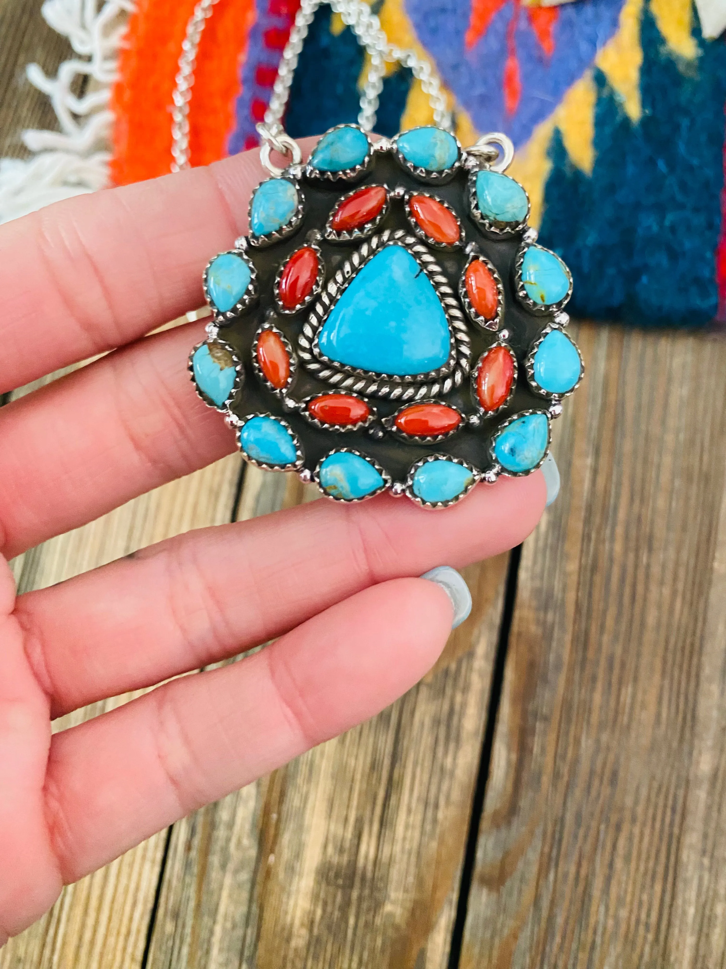 Handmade Sterling Silver, Turquoise & Coral Cluster Necklace