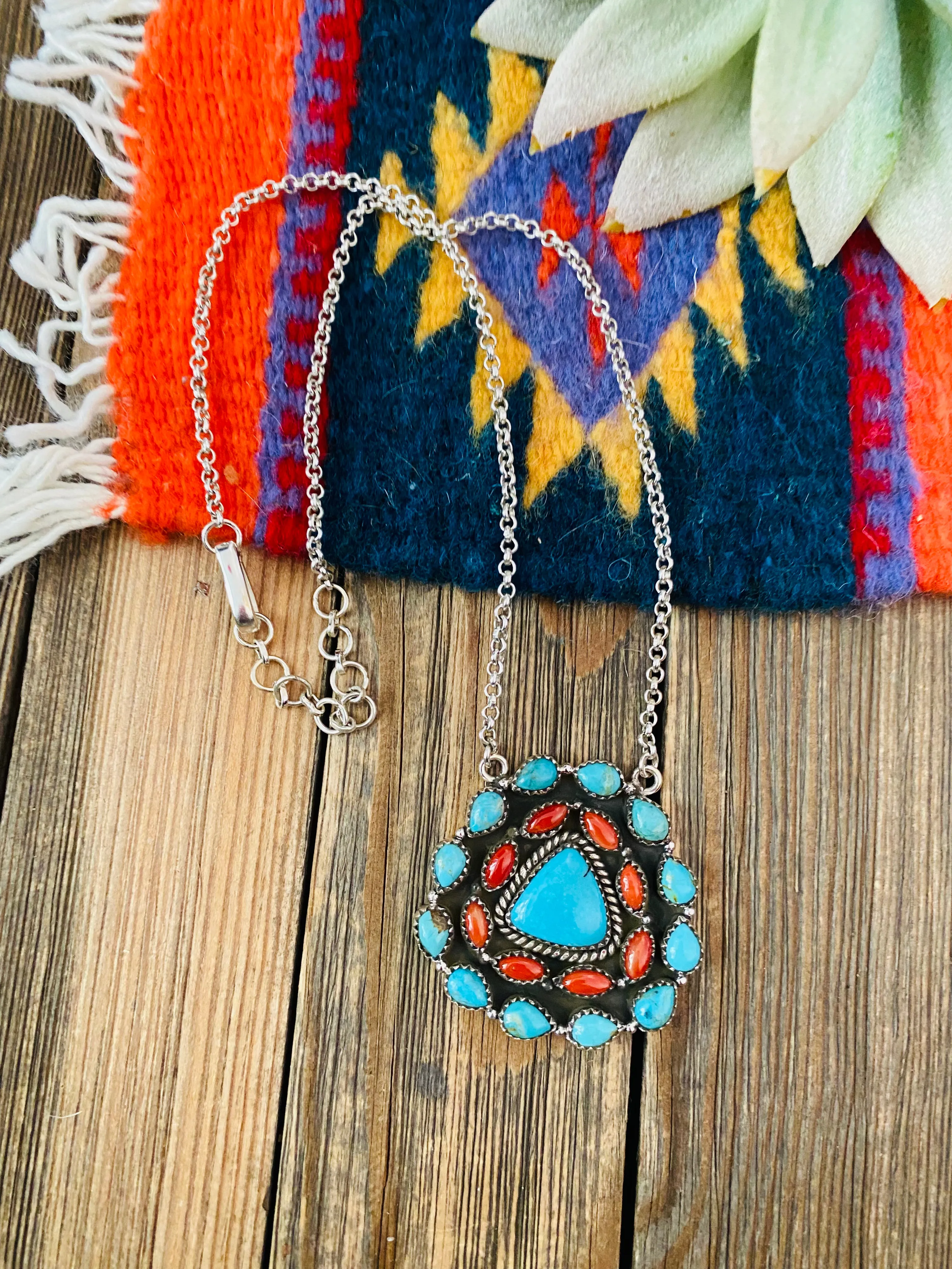 Handmade Sterling Silver, Turquoise & Coral Cluster Necklace