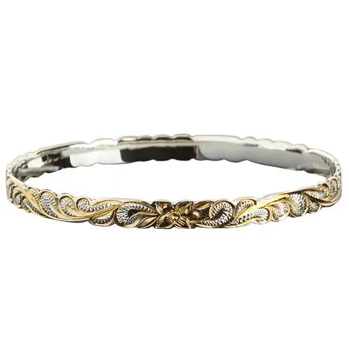 Hawaiian Sterling Silver Bangle Queen Scroll Engraving Cut Out Edge Yellow Gold Two Tone