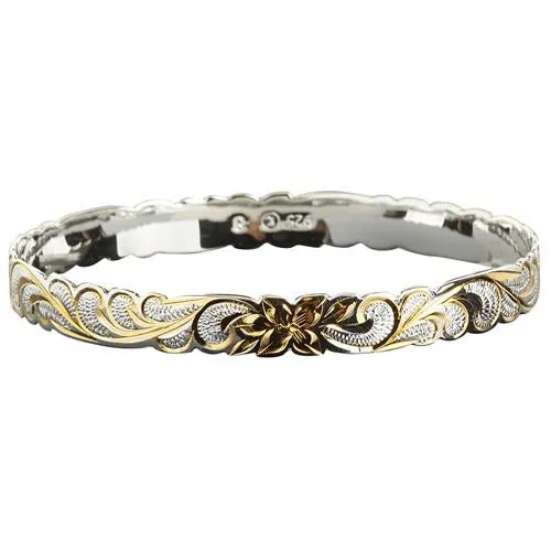 Hawaiian Sterling Silver Bangle Queen Scroll Engraving Cut Out Edge Yellow Gold Two Tone