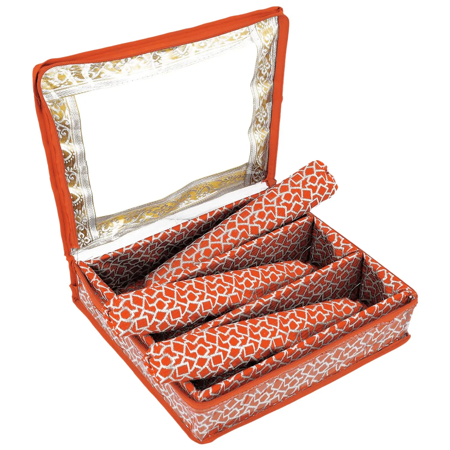 Heart Home Multi Saqare Design Laminated 3 Rod Box, Organizer For Bangle, Watches, Bracelets, Jewellery With Tranasparent Top - Pack of 2 (Orange)-47HH0324