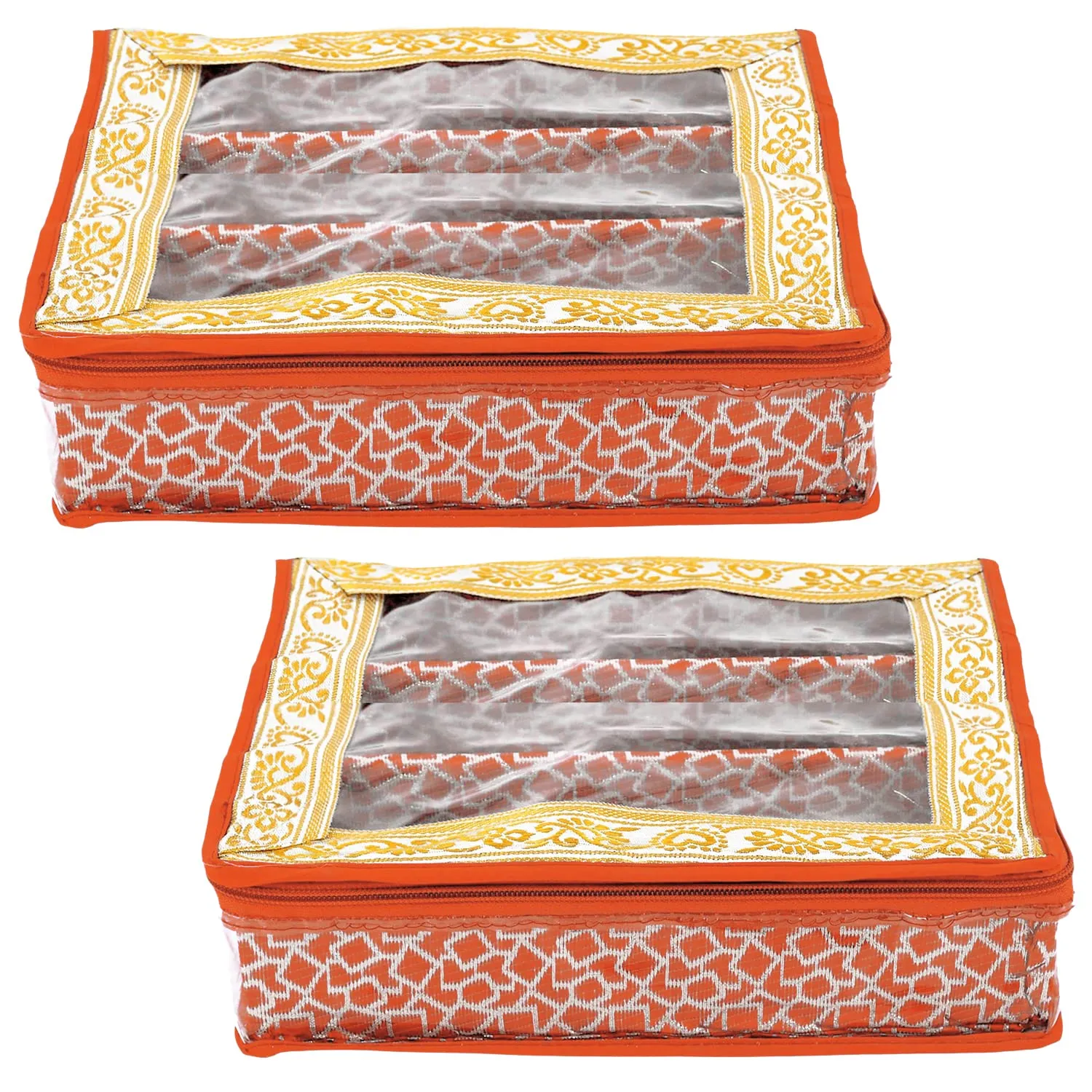 Heart Home Multi Saqare Design Laminated 3 Rod Box, Organizer For Bangle, Watches, Bracelets, Jewellery With Tranasparent Top - Pack of 2 (Orange)-47HH0324