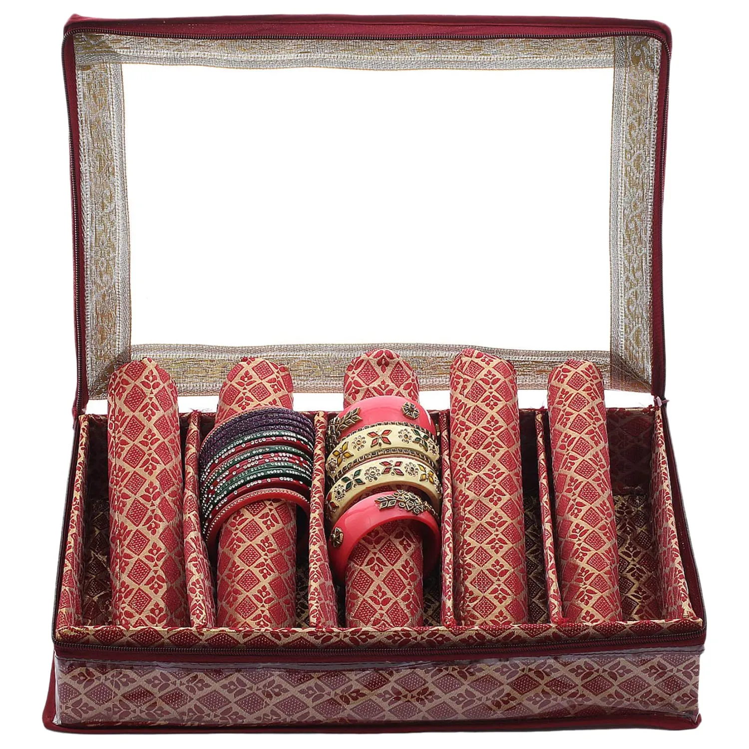 Heart Home Multipurpose Matka Pattern Laminated 5 Rod Bangle Box/Organizer/Case With Tranasparent Top (Maroon)-47HH0473